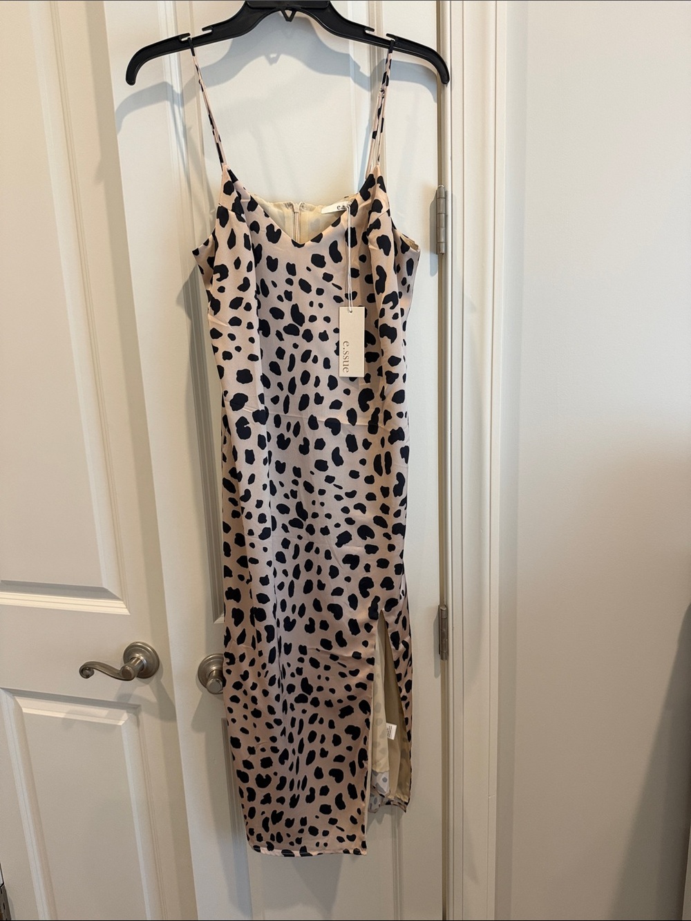 e.ssue Beige Dress with Black Spot Print